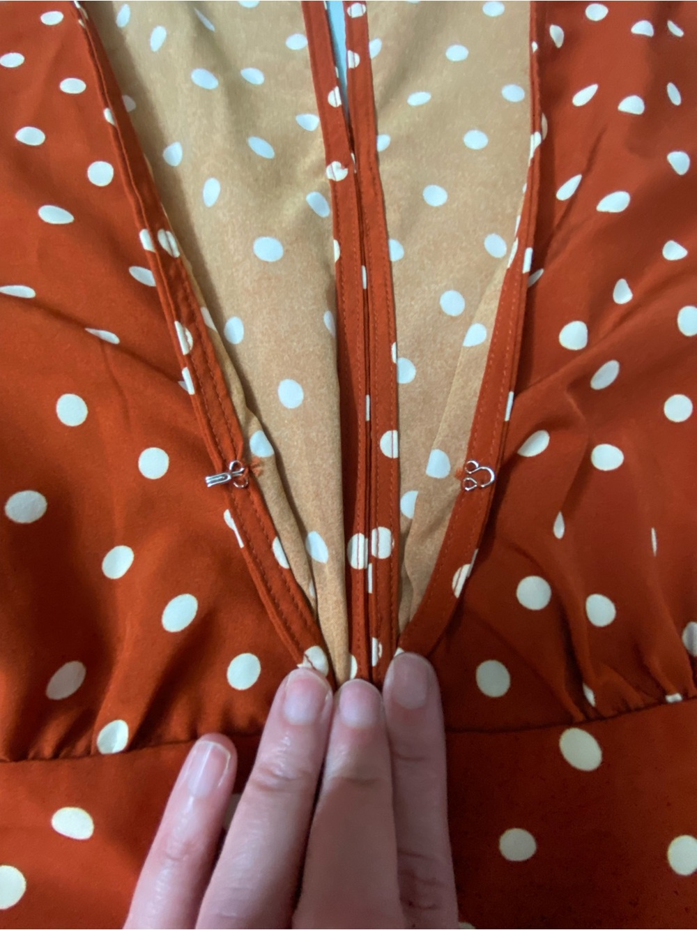 Blush Boutique Polka Dot Romper Rust Brown Ruffle Skort Inset Smocked V Neck LG - Picture 3 of 10